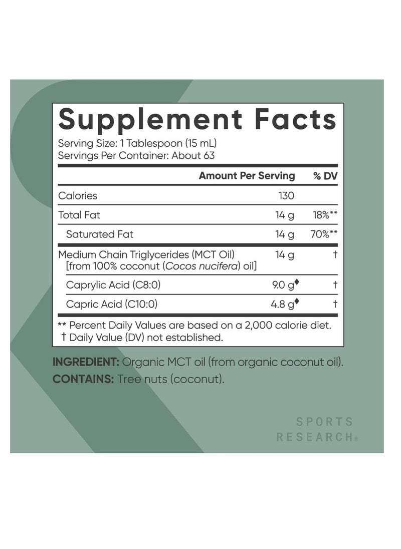 SPORTS RESEARCH - Sports Research Organic MCT Oil derived from Non-GMO Organic Coconuts Unflavored 32oz - Image 1