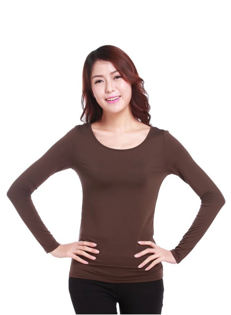 Loquat Lady's Long Sleeve Round Neck Modal Udershirt Slim-Fit Base Layer Shirt Brown  - Image 1