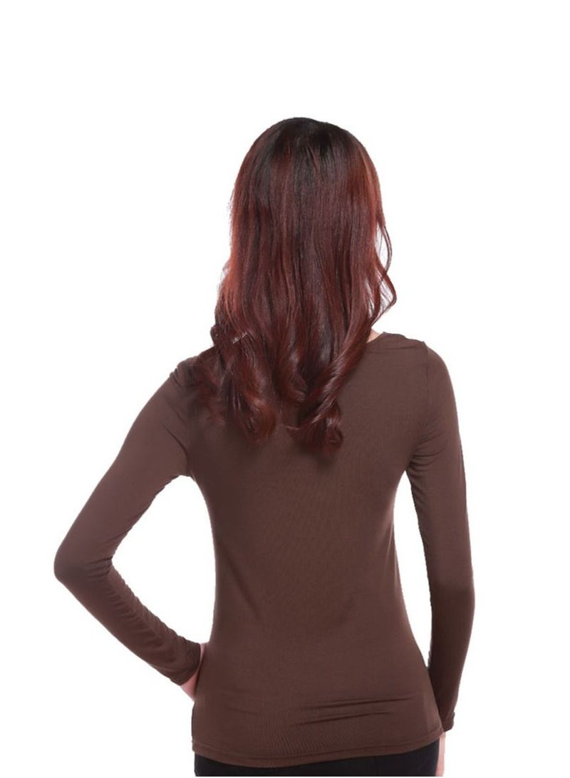 Loquat Lady's Long Sleeve Round Neck Modal Udershirt Slim-Fit Base Layer Shirt Brown  - Image 2