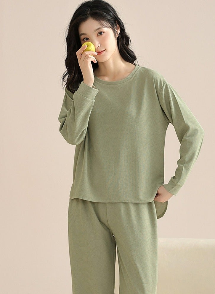 Loquat Women's Solid Color 2-Piece Set  Leisure Nightgown Sleepwear Round Neck Long Sleeve Top And Pants Soft Loungewear Pajamas Suit Dusty Green 