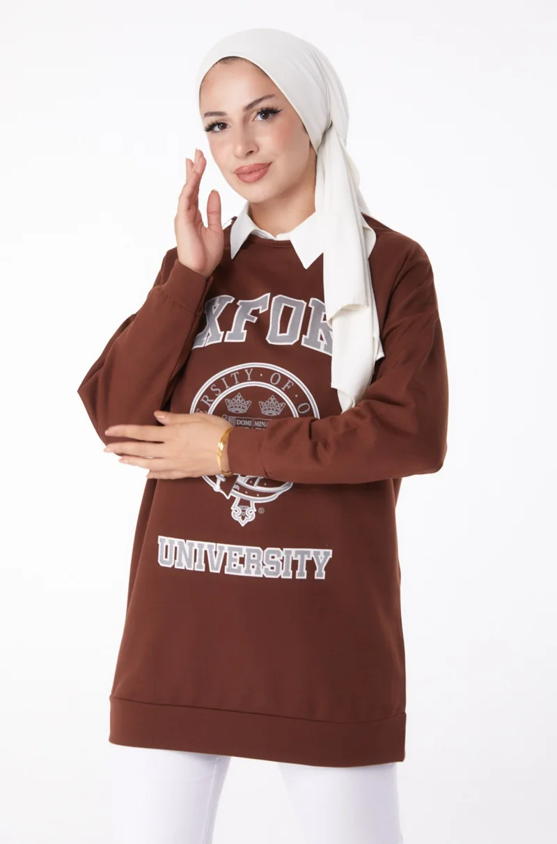 Tofisa Plain Crew Neck Women's Brown Printed Sweatshirt - 13281