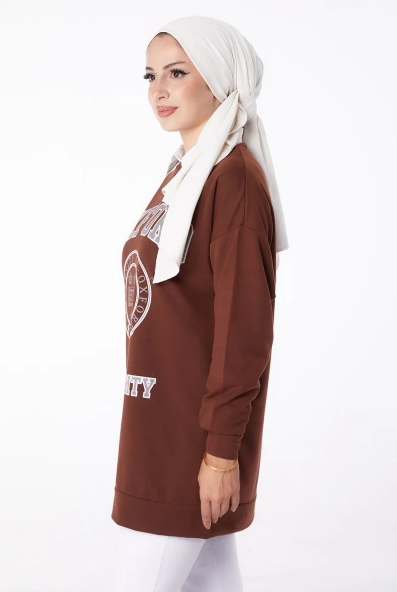 Tofisa Plain Crew Neck Women's Brown Printed Sweatshirt - 13281