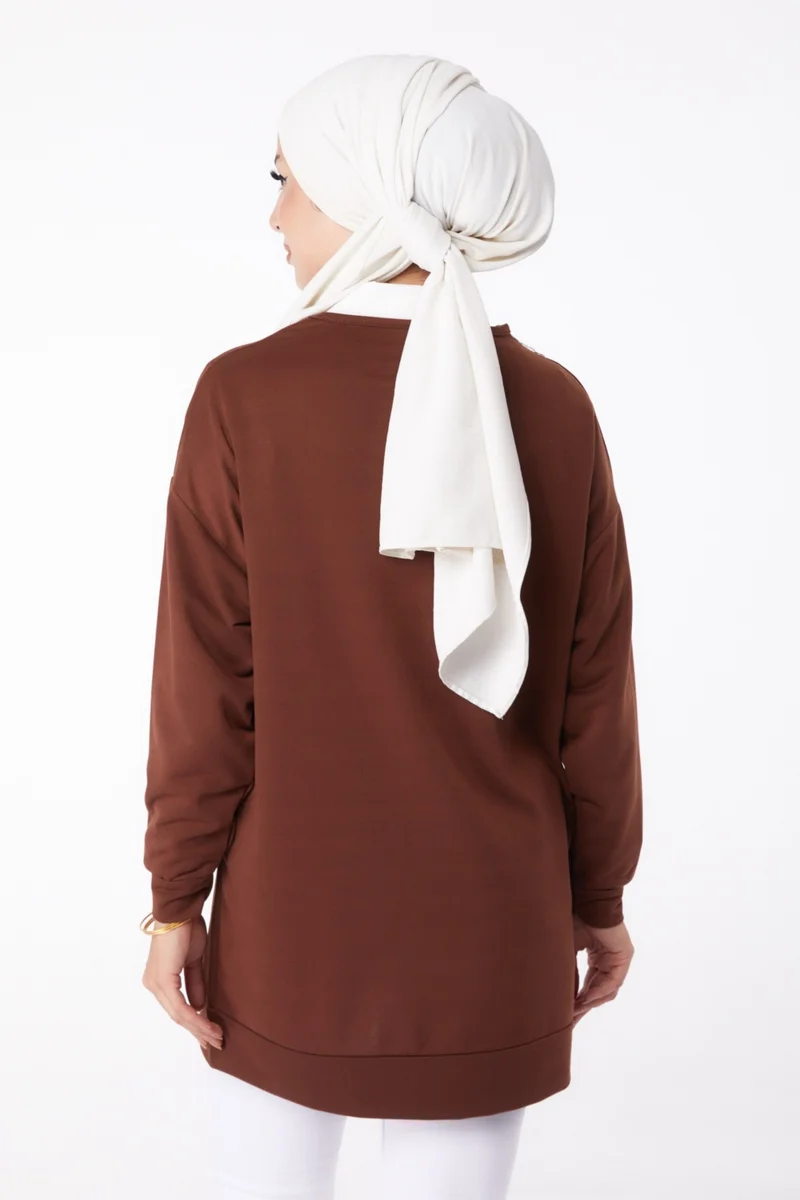 Tofisa Plain Crew Neck Women's Brown Printed Sweatshirt - 13281