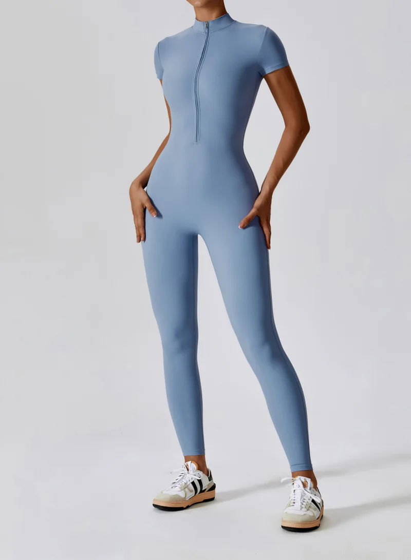 Kawn.yoga Koi Blue Womens Short Sleeves High-Neck Jumpsuit for Women | Best Price UAE
