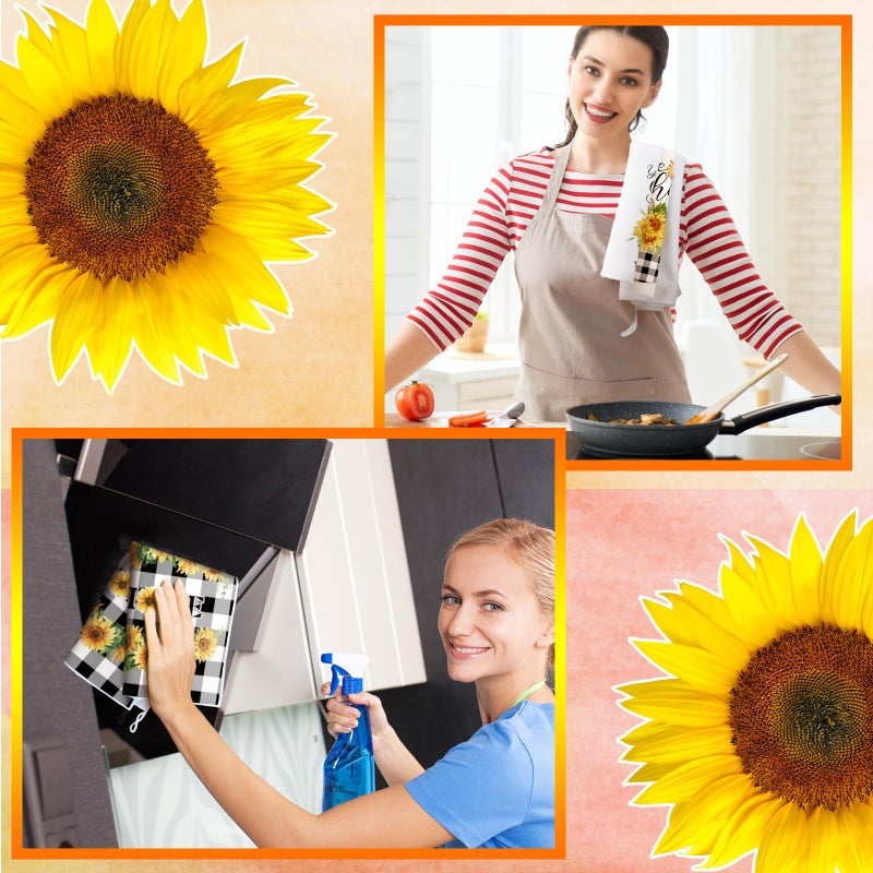 Bencailor 4 Pcs Sunflower Kitchen Towels Flower Hand Dish Towels Black and White Grid Floral Fast Drying Decor Housewarming Gift for Spring Home Summer Holiday Party Cooking Kitchen Bathroom - Image 4