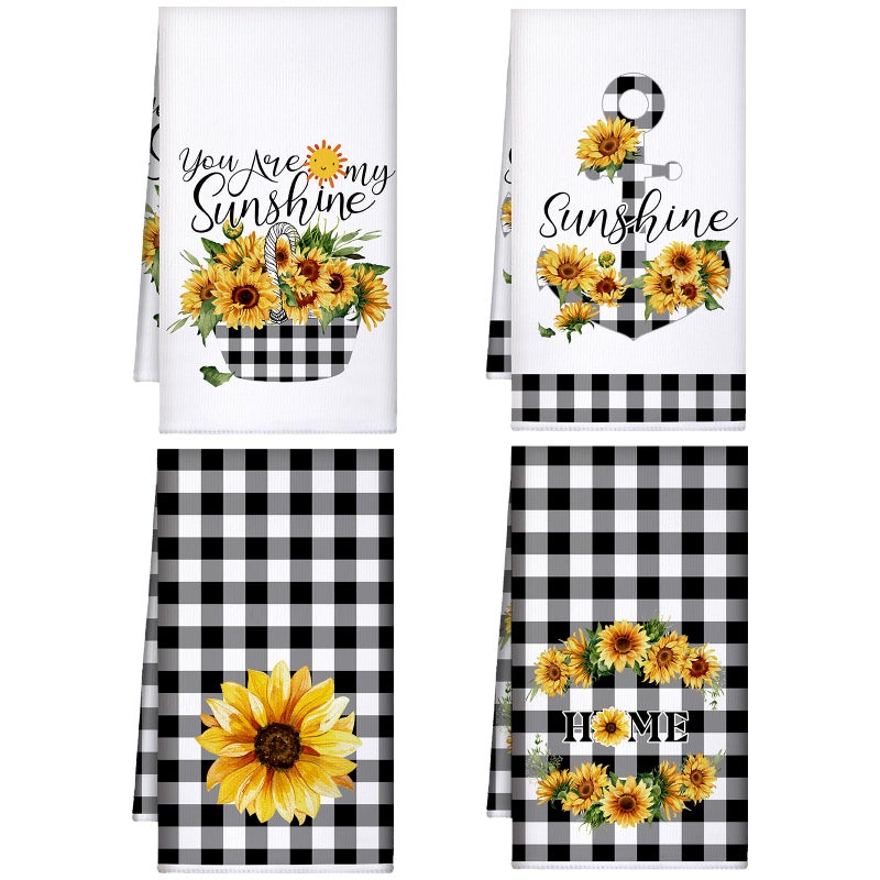Bencailor 4 Pcs Sunflower Kitchen Towels Flower Hand Dish Towels Black and White Grid Floral Fast Drying Decor Housewarming Gift for Spring Home Summer Holiday Party Cooking Kitchen Bathroom - Image 1