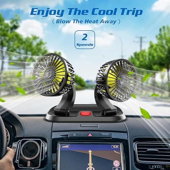 مروحة تبريد السيارة ، مروحة تبريد السيارة ذات الرأس المزدوج القابل للتعديل ، 2 سرعات قابلة للتعديل ، 360 درجة دوارة ، للمركبات السيارات سيارات الدفع الرباعي RV سيدان فان قارب - Image 2