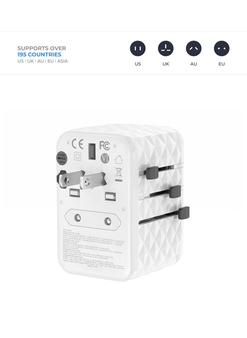 blupebble محول سفر عالمي Passport 2.1 مزود بمنفذين USB-C + 2 منفذ USB-A وشحن سريع PD بقوة 65 وات وشحن QC 3.0 بحد أقصى 60 وات للاتحاد الأوروبي والمملكة المتحدة والولايات المتحدة وأستراليا وللعديد من البلدان  - Image 2