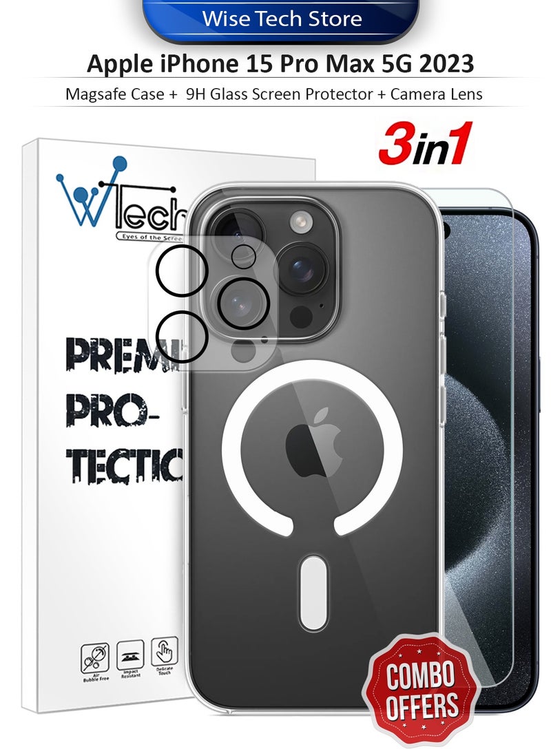 دبليو تيك حزمة حماية 3 في 1 لهاتف أبل آيفون 15 برو ماكس 5G 2023، غطاء شفاف فائق ضد الصدمات مع ماجسيف، واقي شاشة زجاجي بقوة 9H وواقي عدسة الكاميرا، حماية 360، سهولة التركيب - شفاف - Image 1