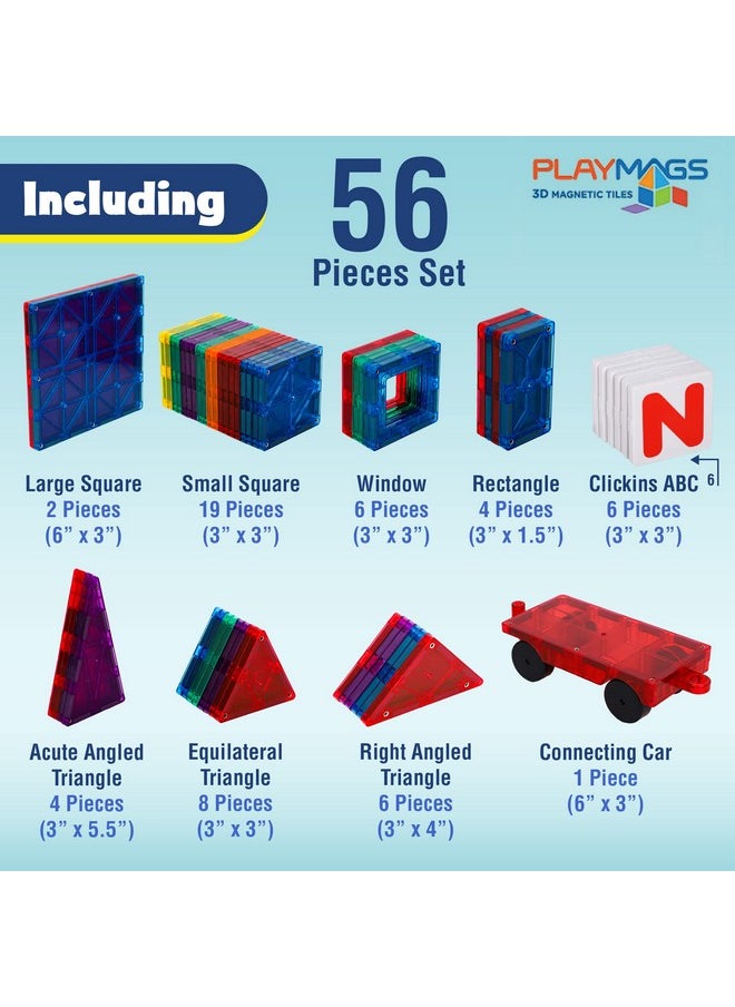 Playmags Playmags Magnetic Tiles Building Set 56 Pcs Set with Car - Super Durable Magnet Blocks, STEM Development Kids Building Toys for Boys Girls & Toddlers  - Image 2
