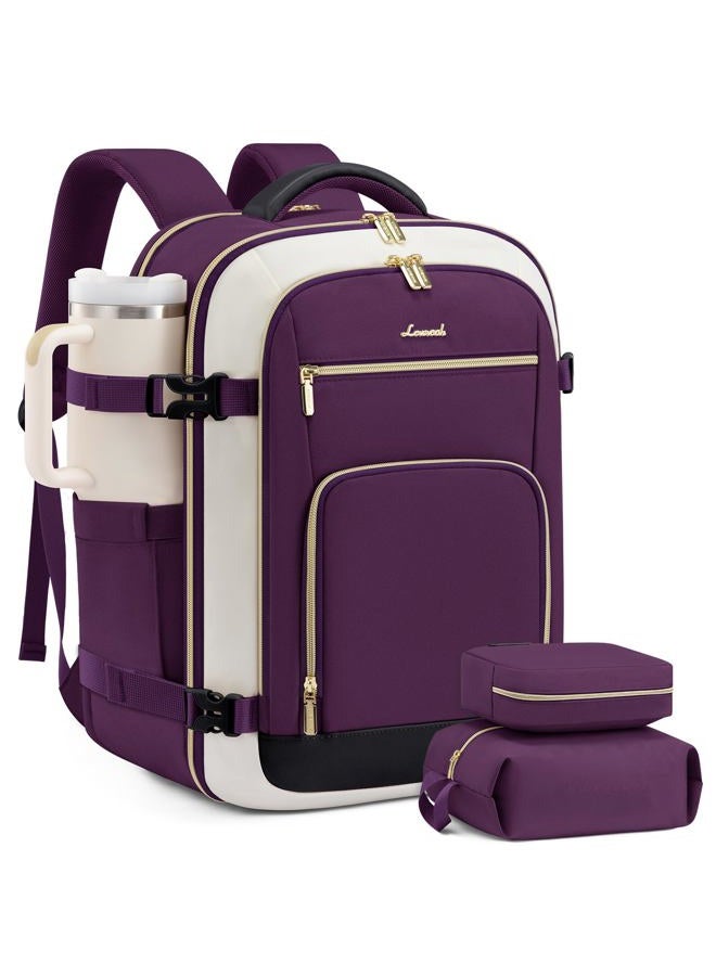 Lovevook Travel Backpack for Women & Men, Dark Purple-beige-black, 40L-17.3 Inch-3Pcs, Travel Backpacks - Image 1