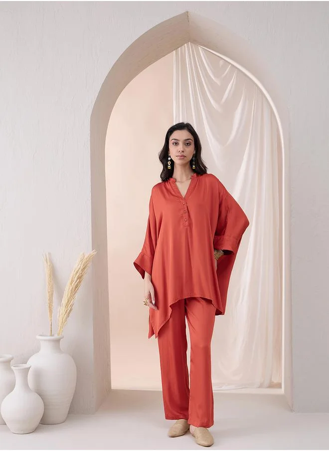 Femmella Oversized High Low Tunic with Straight Pant Co-Ords