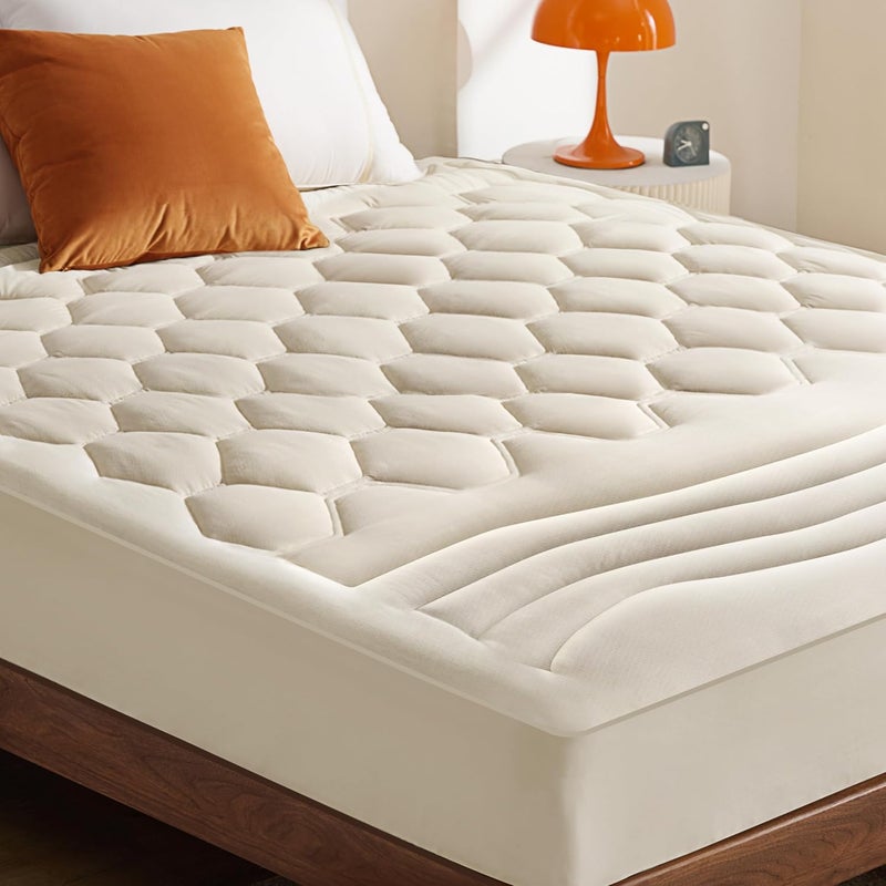 Bedsure Beige Full Size Mattress Pad - Quilted Fitted Mattress Topper Protector with 8-21 Inches Deep Pocket, Noiseless Breathable Bed Cover Padded, Machine Washable, Beige, 54x75 Inches - Image 1