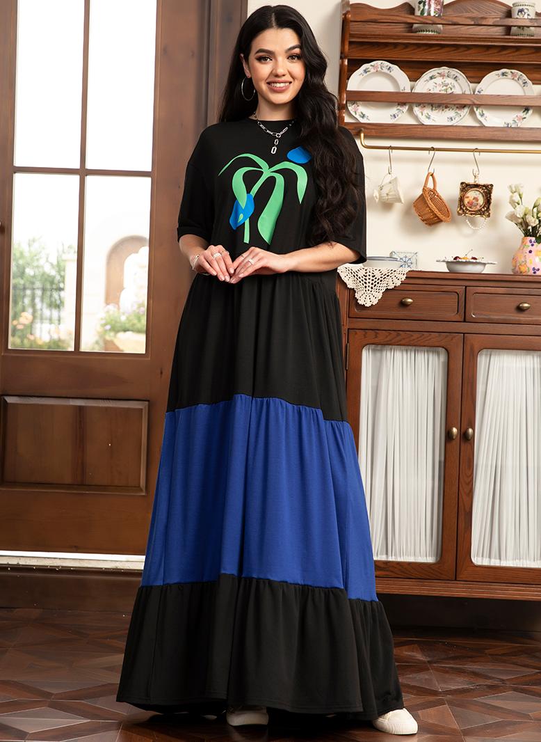 FridayIn Fast fashion Round neck Flowers Color contrast Regular sleeve Long Dresses Black - Image 1