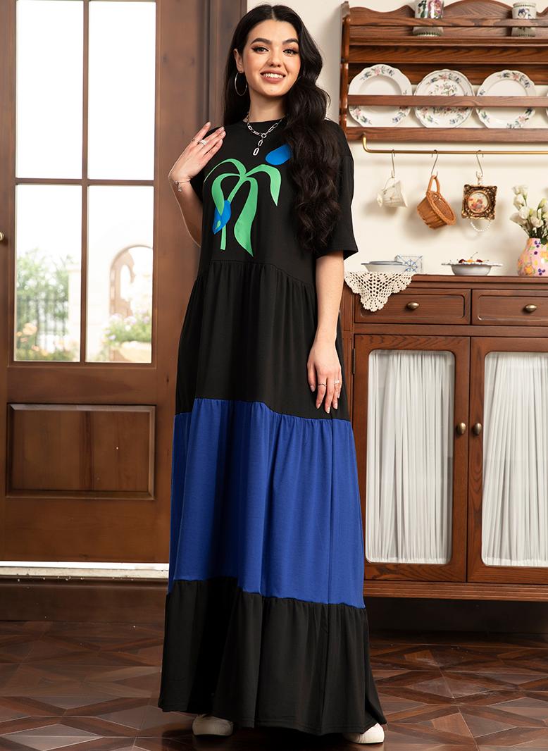 FridayIn Fast fashion Round neck Flowers Color contrast Regular sleeve Long Dresses Black - Image 5