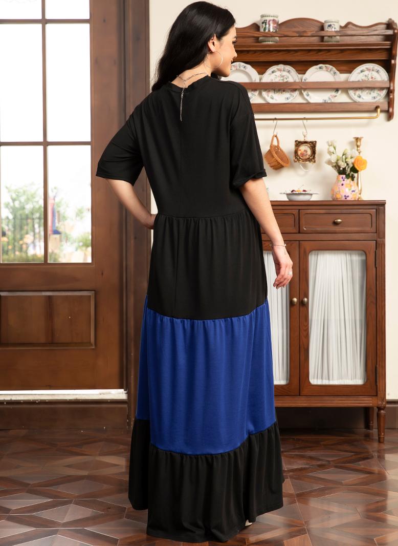 FridayIn Fast fashion Round neck Flowers Color contrast Regular sleeve Long Dresses Black - Image 2