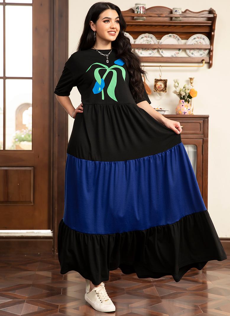 FridayIn Fast fashion Round neck Flowers Color contrast Regular sleeve Long Dresses Black - Image 3