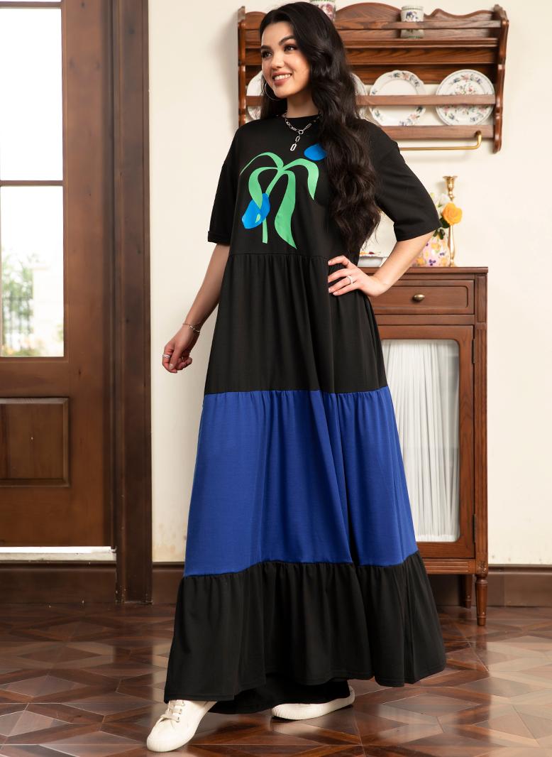 FridayIn Fast fashion Round neck Flowers Color contrast Regular sleeve Long Dresses Black - Image 4