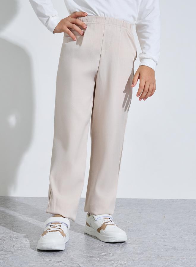 Styli Teen Boys Beige Solid Front Pleated Pants - Image 1