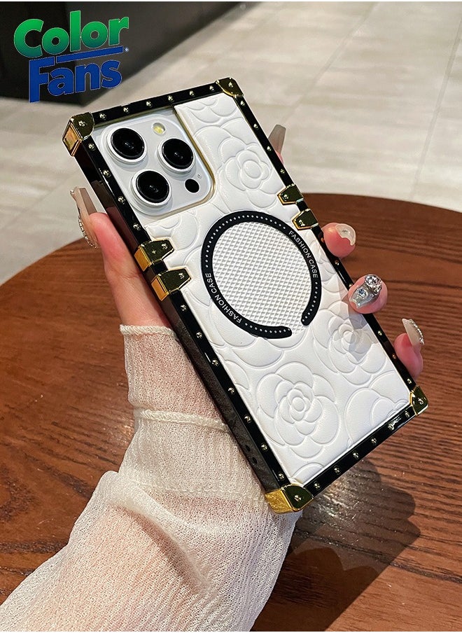 Color Fans Luxury Floral Embossed Strong Magnetic Case for iPhone 15 Pro Max with Chic Metal Frame Protector - White/Floral 