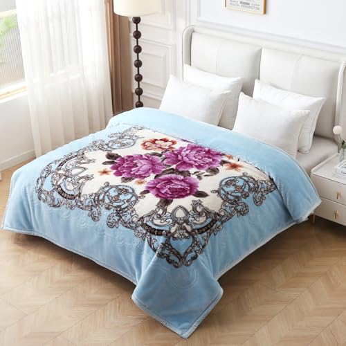 JYK Korean Style Mink Fleece Blanket King Size 83'' x 91'', 5.7 Pounds - 2 Ply Reversible Silky Soft Plush Warm, Comfy Bed Blanket, Luxurious Blanket for All Seasons - Blue/Purple Peony - Image 1