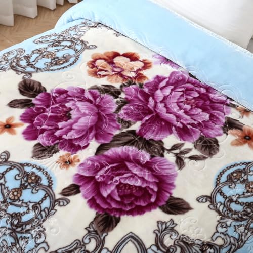 JYK Korean Style Mink Fleece Blanket King Size 83'' x 91'', 5.7 Pounds - 2 Ply Reversible Silky Soft Plush Warm, Comfy Bed Blanket, Luxurious Blanket for All Seasons - Blue/Purple Peony - Image 4
