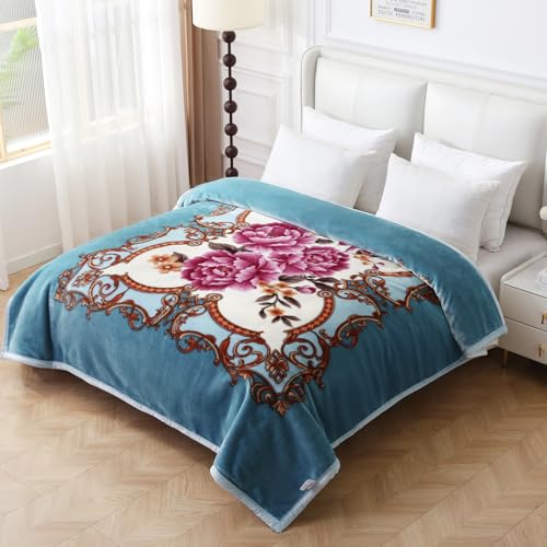 JYK Korean Style Mink Fleece Blanket King Size 83'' x 91'', 5.7 Pounds - 2 Ply Reversible Silky Soft Plush Warm, Comfy Bed Blanket, Luxurious Blanket for All Seasons - Blue/Purple Peony - Image 2