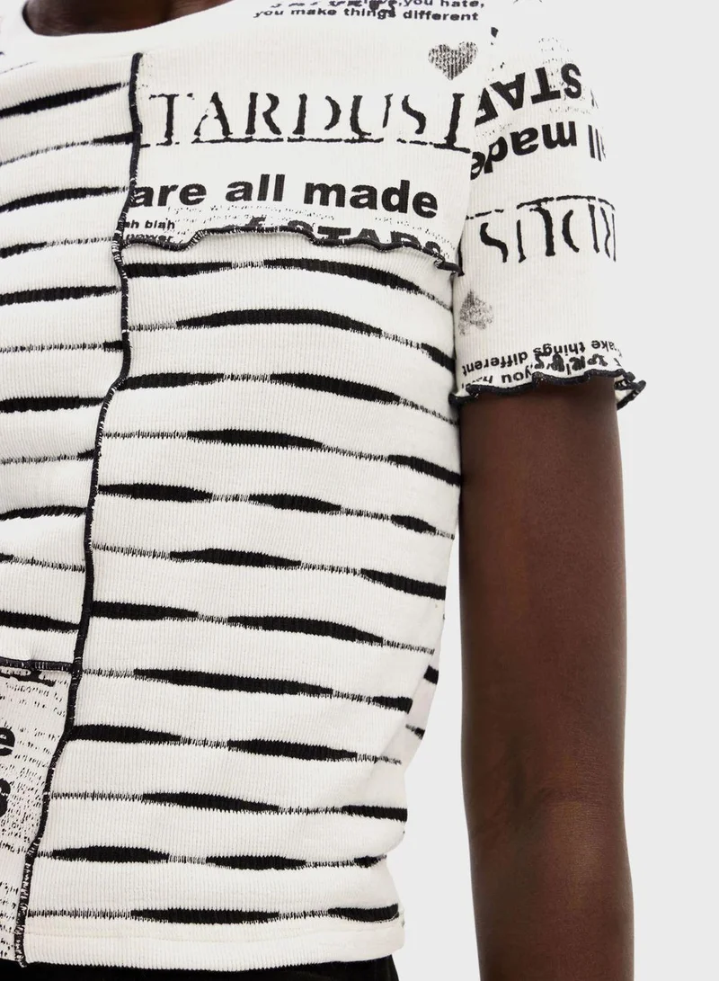 DESIGUAL Striped Patchwork Newspaper T-Shirt