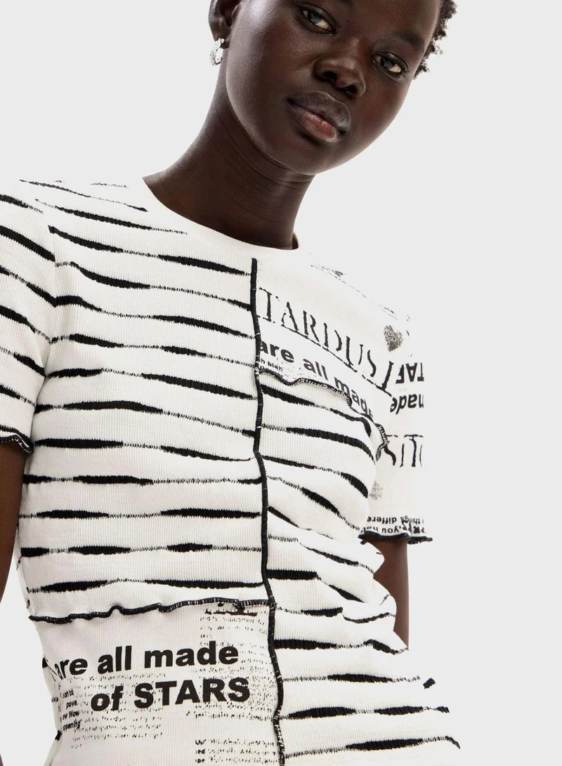 DESIGUAL Striped Patchwork Newspaper T-Shirt