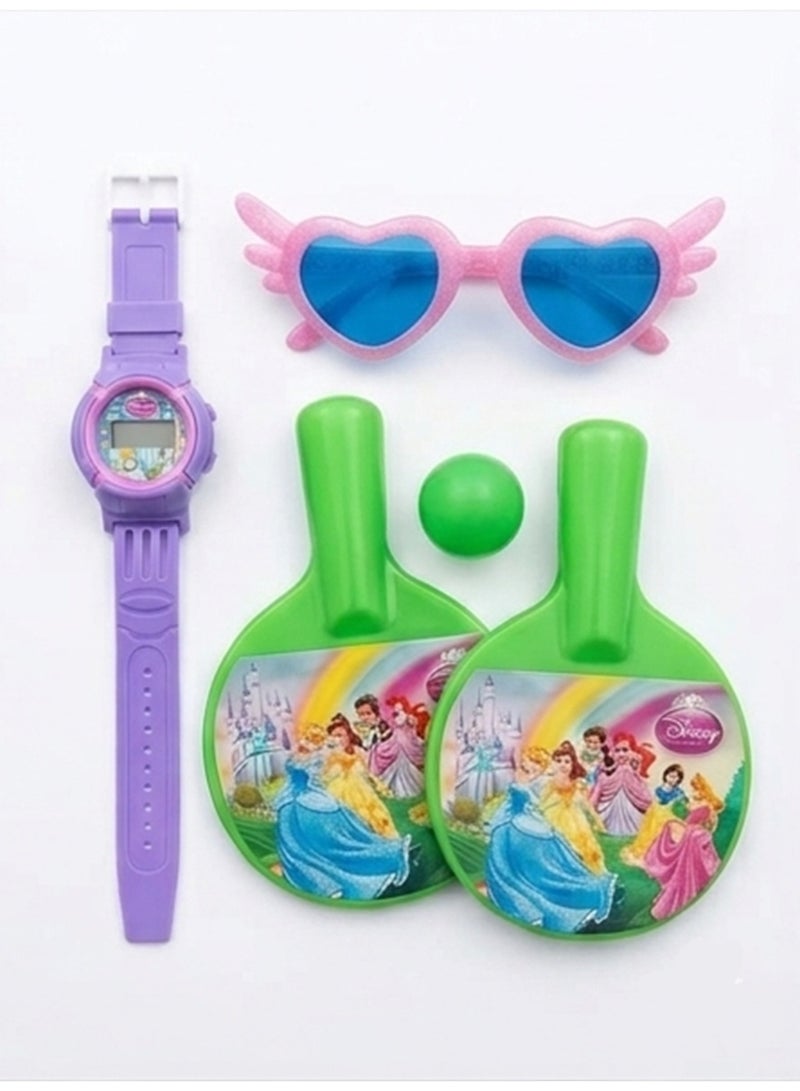 A set of toys and accessories including a plastic tennis racket, indoor toy, and sunglasses. - Image 1