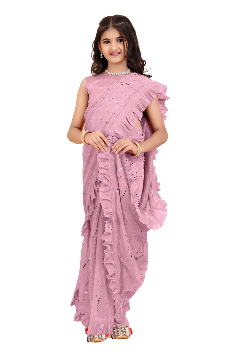 Xavima Kids Supernet Embellished Ready to Wear Saree With Unstitched Blouse Piece- Pink_Size : 6_7 Years - Image 1
