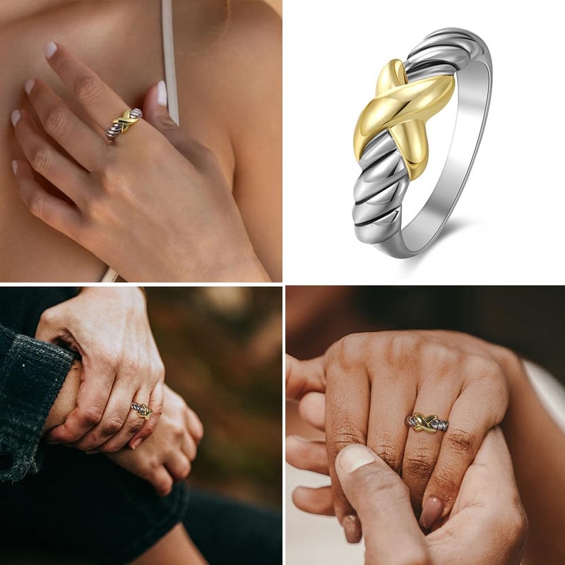Aprilery Two Tone Rings for Women Cross Twisted Ring Cable Wire Fashion Statement Rings Jewelry Gift (Cable Cross A, 6) - Image 3
