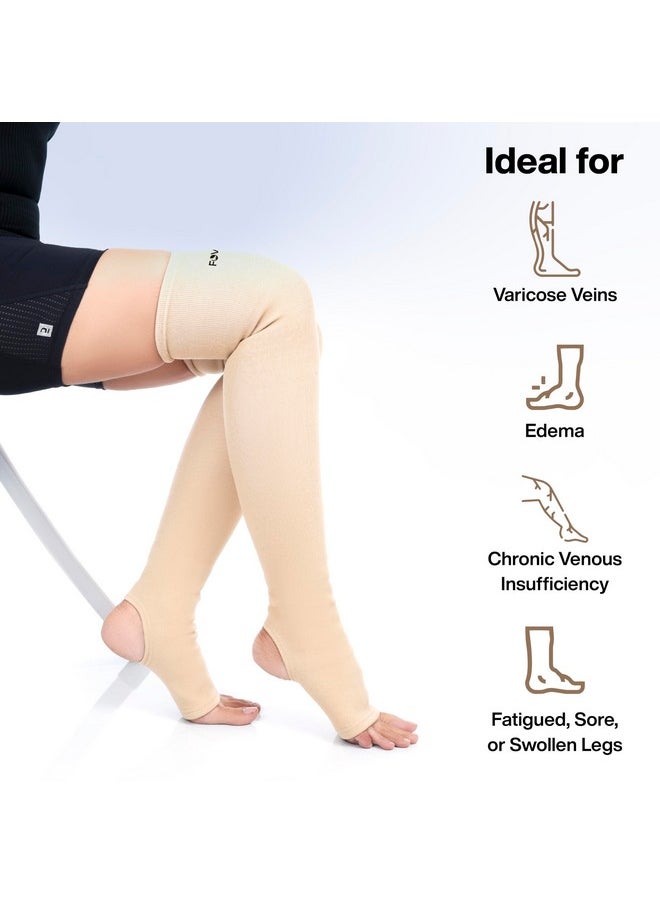 FOverA FOVERA Varicose Veins Compression Stockings (Above Knee), Open Toe Thigh High Sleeves for Swelling, Edema, Sore & Aching Legs, Pain Relief & Post Pregnancy, for Men & Women (Size - L, 1 Pair)  - Image 2