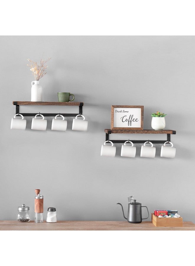 Dahey حامل أكواب داهي مثبت على الحائط مع خطافات، مجموعة من 2، رف عائم ريفي لتخزين أكواب القهوة، ملحقات بار القهوة، شماعة أكواب خشبية لتنظيم أدوات الطهي، ديكور مطبخ منزلي، بني - Image 2