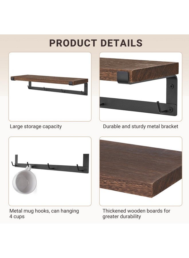 Dahey حامل أكواب داهي مثبت على الحائط مع خطافات، مجموعة من 2، رف عائم ريفي لتخزين أكواب القهوة، ملحقات بار القهوة، شماعة أكواب خشبية لتنظيم أدوات الطهي، ديكور مطبخ منزلي، بني - Image 4