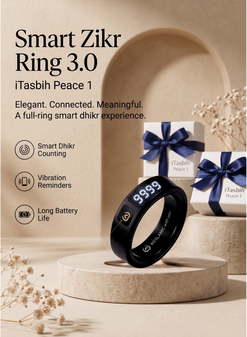 ويسلاميك خاتم التسبيح الذكي Weslamic iTasbih Peace 1 (إصدار 3.0) – عداد تسبيح رقمي مع تنبيه بالاهتزاز لأوقات الصلاة، وإشعارات الأذان، ودعم التطبيق؛ خاتم مقاوم للماء، بطارية تدوم طويلاً، لون أسود مطفي، يتضمن صندوق هدايا فاخراً (مقاس 20 مم) – هدية إسلامية مثالية. - Image 5