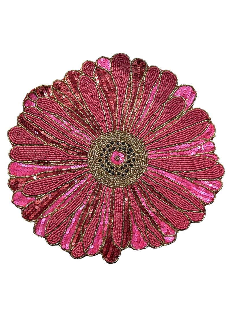 Good Vibes Glass Beads Place MatsRound Table MatEmbroidered Table MatRound Beaded Table MatsCutwork Design Dining Table MatsDressing Table MatsBed Side Table matsRed Pink 14 Inches  - Image 1