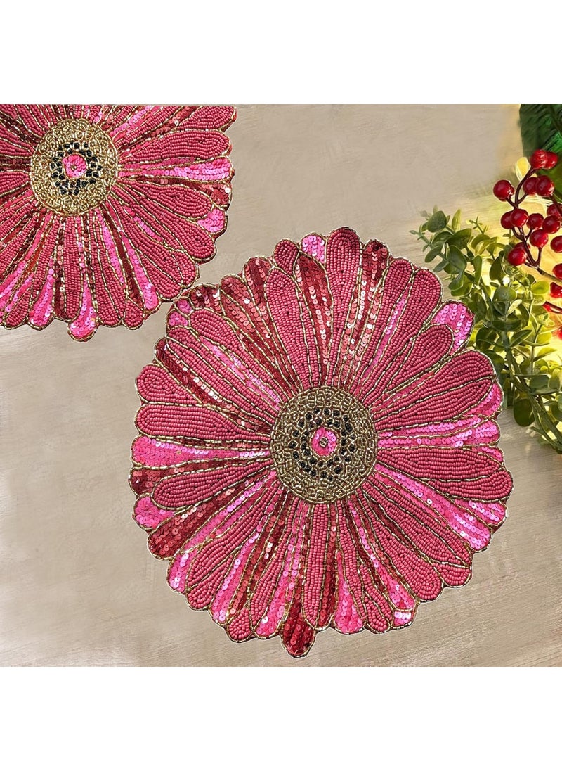 Good Vibes Glass Beads Place MatsRound Table MatEmbroidered Table MatRound Beaded Table MatsCutwork Design Dining Table MatsDressing Table MatsBed Side Table matsRed Pink 14 Inches  - Image 2
