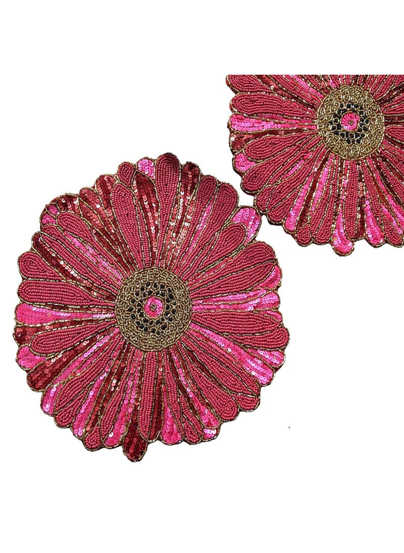 Good Vibes Glass Beads Place MatsRound Table MatEmbroidered Table MatRound Beaded Table MatsCutwork Design Dining Table MatsDressing Table MatsBed Side Table matsRed Pink 14 Inches  - Image 5