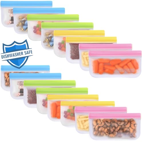 Lerine 16 Pack Reusable Snack Bags Dishwasher Safe BPA Free Food Storage Bags Extra Thick Leakproof Reusable Freezer Bags Snack Pouch for Candy Fruits Cereal Multicolor 16Snack - Image 1