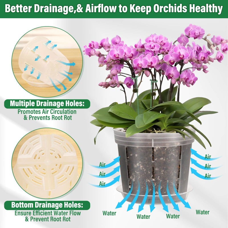 Tetutor 12 Pack Plastic Orchid Pots with Holes, 4, 5, 6 Inch Clear Orchid Pots for Repotting with Saucers Drainage and Plant Stakes, Large Small Breathable Orchids Planter Plant Pot - Image 4