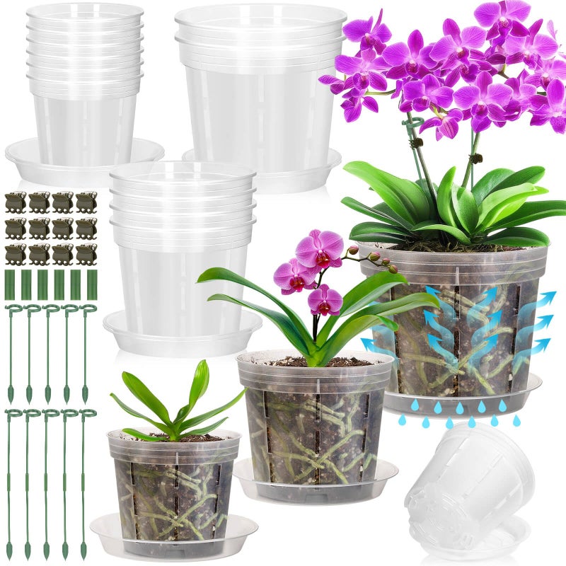 Tetutor 12 Pack Plastic Orchid Pots with Holes, 4, 5, 6 Inch Clear Orchid Pots for Repotting with Saucers Drainage and Plant Stakes, Large Small Breathable Orchids Planter Plant Pot - Image 1