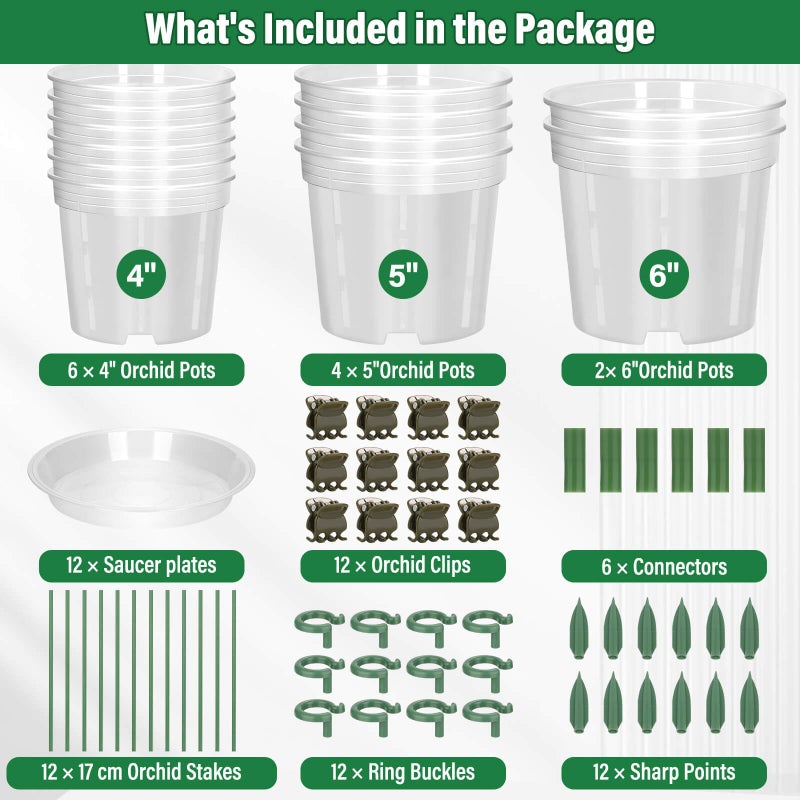 Tetutor 12 Pack Plastic Orchid Pots with Holes, 4, 5, 6 Inch Clear Orchid Pots for Repotting with Saucers Drainage and Plant Stakes, Large Small Breathable Orchids Planter Plant Pot - Image 2