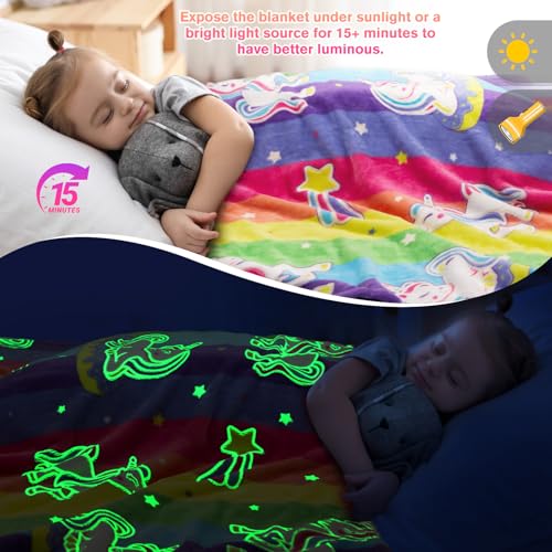 Levens Unicorn Gifts Toys for Girls Kids - Glow in The Dark Rainbow Blanket Best Christmas Birthday Valentines Easter Decor Present for Age 1-14 Years Old Teens Child Toddler Daughter Soft Cozy Throw 50"x60" - Image 4