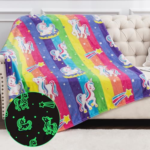 Levens Unicorn Gifts Toys for Girls Kids - Glow in The Dark Rainbow Blanket Best Christmas Birthday Valentines Easter Decor Present for Age 1-14 Years Old Teens Child Toddler Daughter Soft Cozy Throw 50"x60" - Image 1