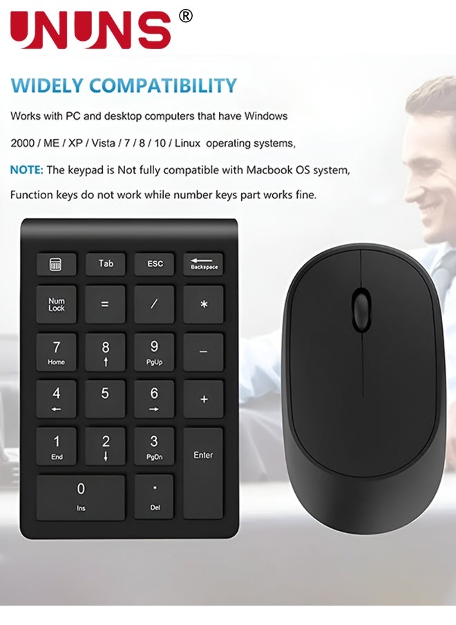 UNUNS - Wireless Number Pad and Mouse Combo,Portable Ultra Slim 2.4GHz USB Numeric Keypad,Slient Financial Accounting Numeric Keypad With Wireless Mice,For Laptop/PC/Desktop/Notebook,Black - Image 1
