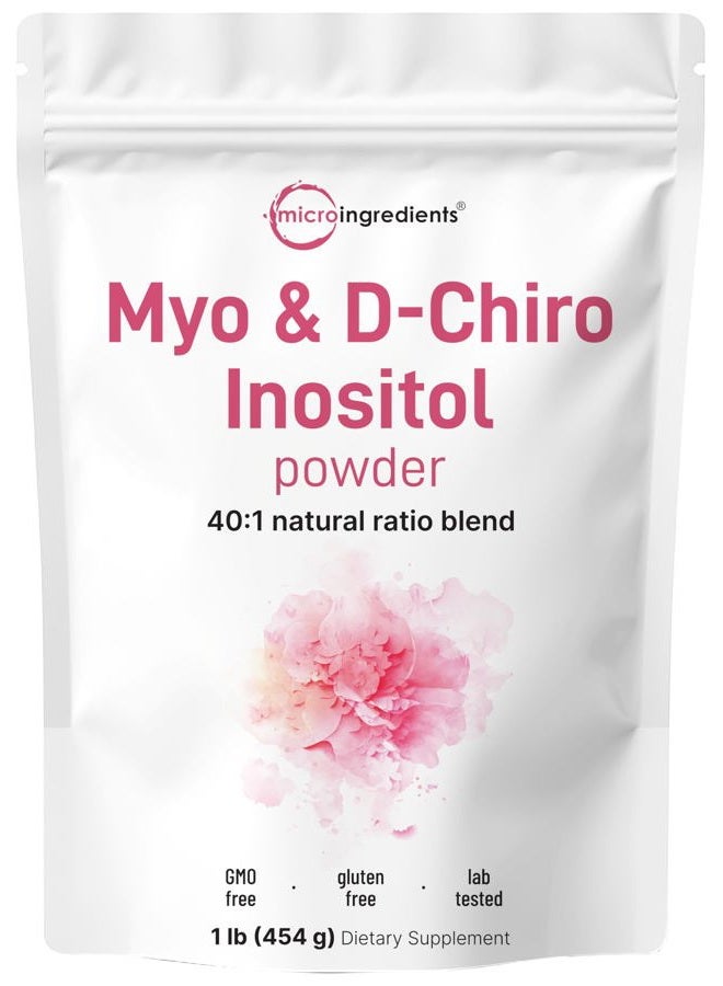 Micro Ingredients مسحوق ميو-إنوزيتول ودي-كيرو إنوزيتول، 1 رطل (221 حصة) | 40:1 نسبة مثالية لمكمل الإنوزيتول للنساء | يدعم التوازن الهرموني وصحة المبايض | غير معدّل وراثيًا، نباتي، خالي من الحشوات - Image 1