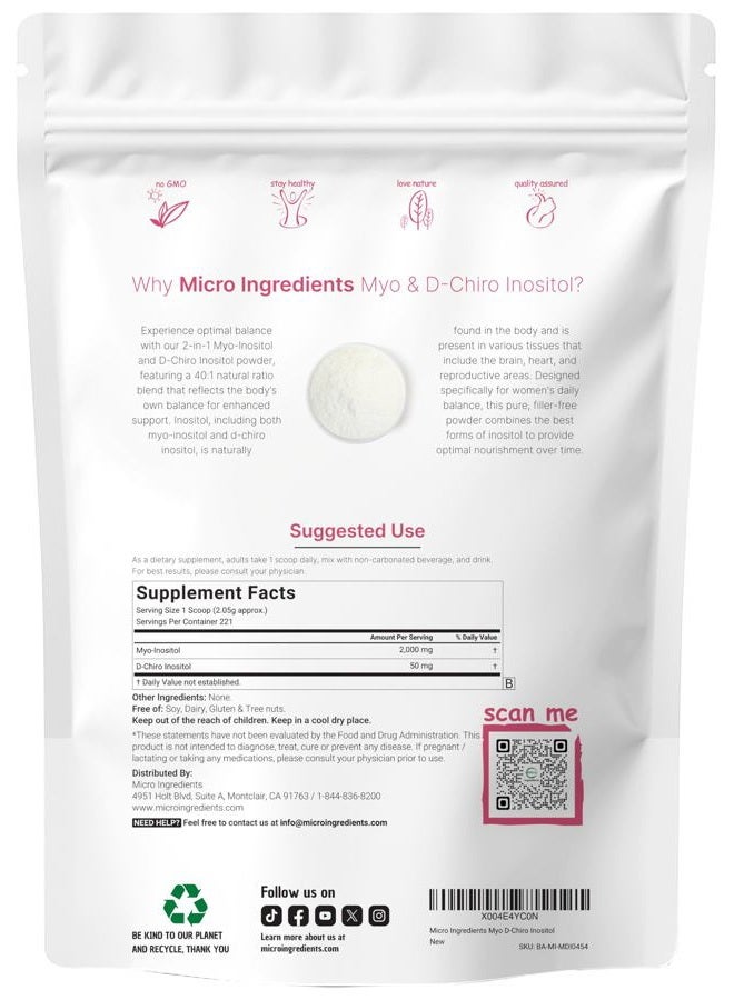 Micro Ingredients مسحوق ميو-إنوزيتول ودي-كيرو إنوزيتول، 1 رطل (221 حصة) | 40:1 نسبة مثالية لمكمل الإنوزيتول للنساء | يدعم التوازن الهرموني وصحة المبايض | غير معدّل وراثيًا، نباتي، خالي من الحشوات - Image 2