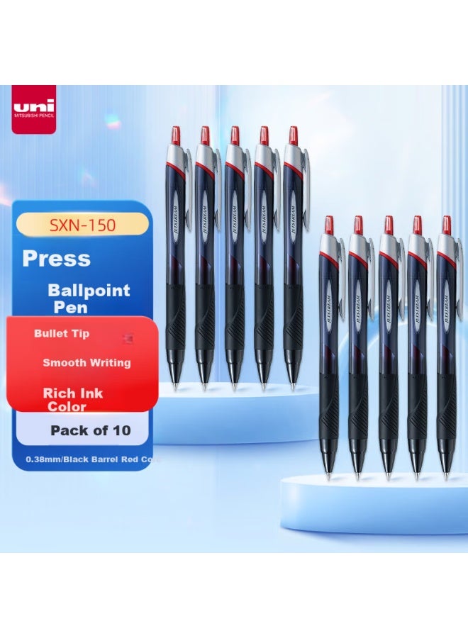 Uni Mitsubishi Jetstream Series Retractable Ballpoint Pen Sxn-150 Smooth Student Office Pen 0.38Mm Black Barrel Red Ink 10-Pack - Image 1