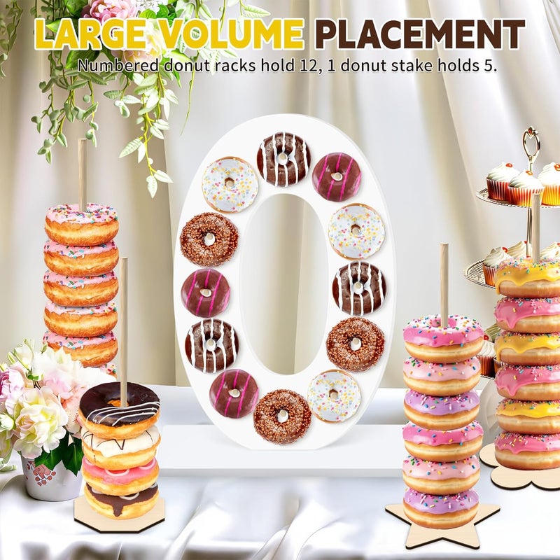 soleim 5 Pcs Donut Stand Set, Doughnut Party Supplies Include 1 Pc Digit Donut Wall Display Stand, 4 Pcs Doughnut Wall, for Birthday Wedding Baby Shower Party (White number 0) - Image 5